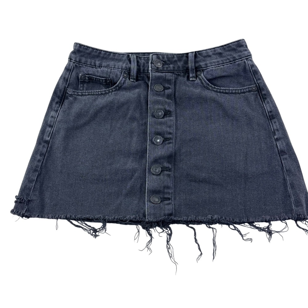 American Eagle Black Denim Mini Skirt Frayed‎ Hem Button Front Womens 0 Festival